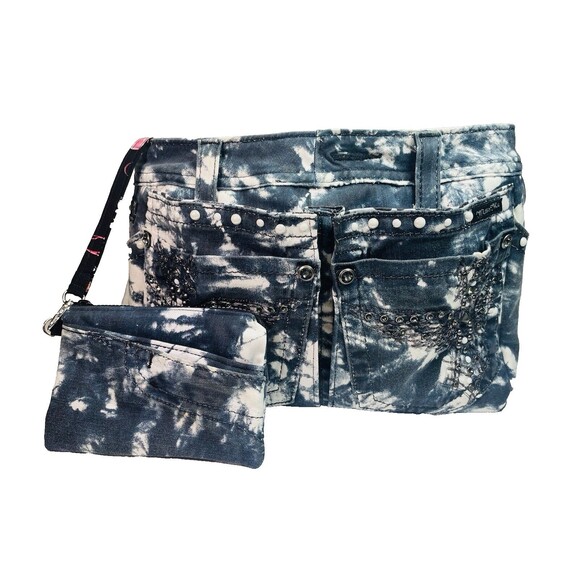 Handmade Crossbody Bag Miss Me Jeans Navy Blue Tie Dyed 13" X 11" X 4" Upcycled - Picture 1 of 16